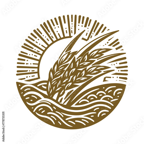 Golden Circular Sun with Wheat Rice Land Farm Symbol Illustration