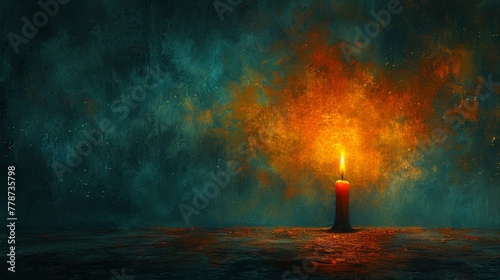 a painting of a lit candle in the middle of a body of water with a dark sky in the background.