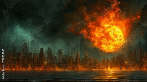 a painting of a fireball in the middle of a city with a large body of water in front of it.
