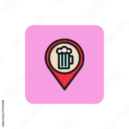 Icon of beer mug in pointer mark. Map, location, sign. Bar and drinks concept. Can be used for topics like pub, travel, tourism