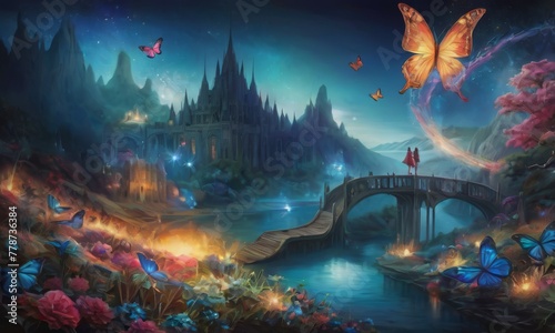 A vibrant evening scene by a lake, where butterflies and flowers bask in the glow of an enchanted castle. AI generation © Anastasiia