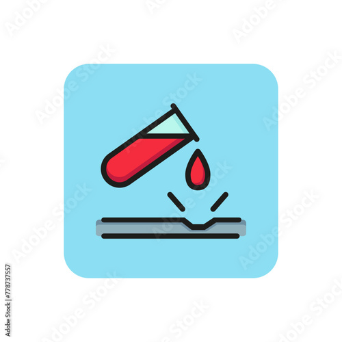Line icon of tube with acid damaging material. Toxic, poison, warning acid sign. Warning signs concept. Can be used for topics like chemistry, science, safety
