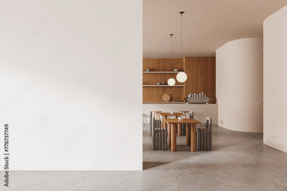 Cozy beige restaurant interior with bar counter and dining tables. Mock up wall - obrazy, fototapety, plakaty 