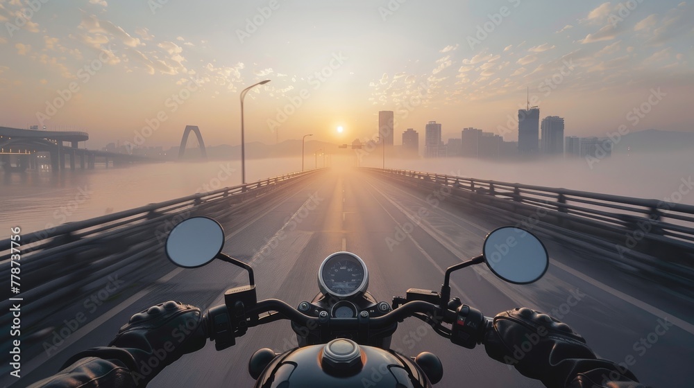 First-person view of a motorcycle ride over a bridge at sunrise, with the city skyline shrouded in morning mist. - obrazy, fototapety, plakaty 