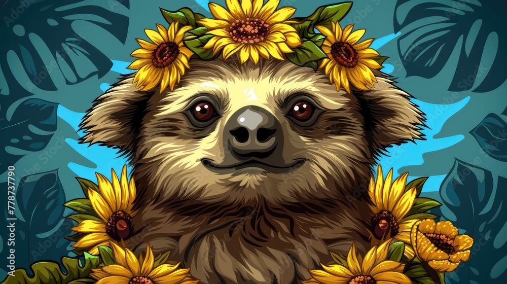 Naklejka premium A cute brown sloth with a flower crown on its head