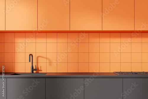 Modern hotel kitchen interior with washbasin and stove, minimalist shelves