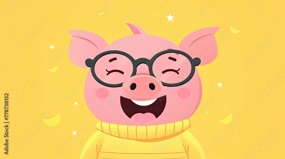 Fototapeta premium A cartoon pig wearing glasses and a yellow sweater is smiling