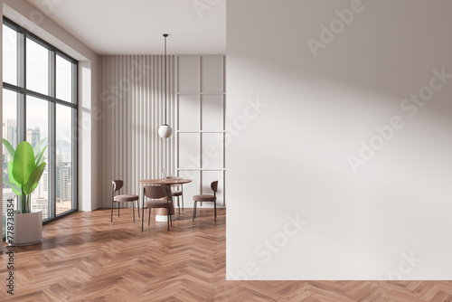 Modern dining area with city view, wooden floor, and white walls, concept of home interior with copy space. 3D Rendering