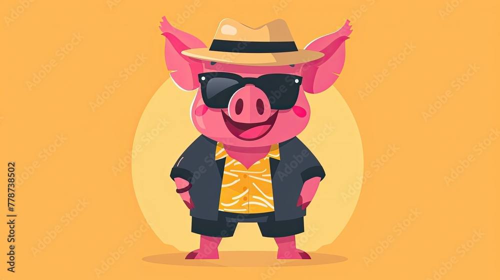 A cartoon pig wearing sunglasses and a hat is standing on a yellow background A cartoon pig wearing sunglasses and a hat is standing on a yellow background