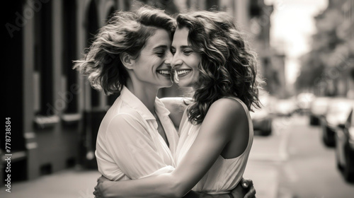 Two Caucasian happy smiling young women hugging in the street in summer, selective focus, black and white image. © junky_jess