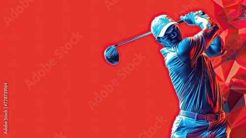 A man is holding a golf club and standing in front of a red background