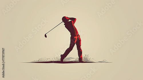 A man in a red shirt is swinging a golf club
