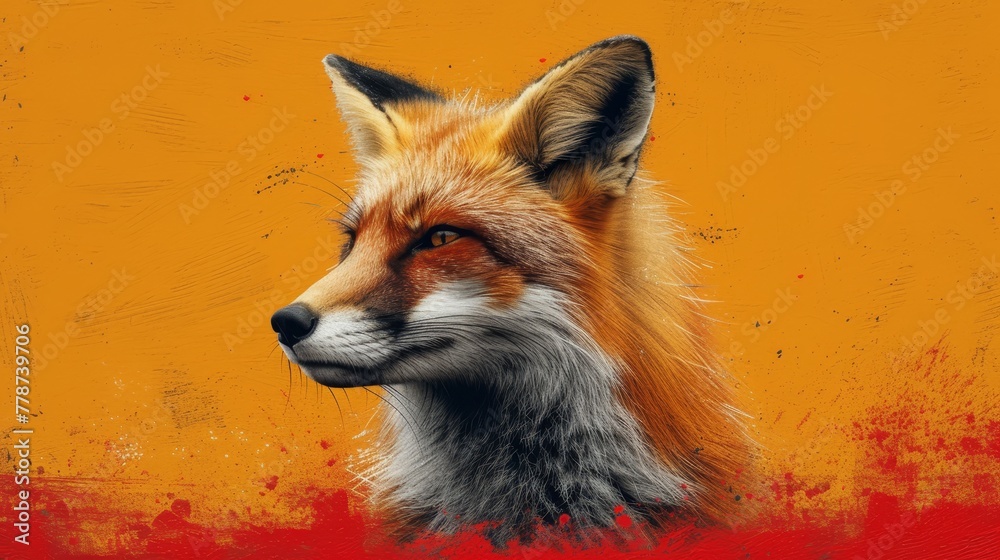a close up of a red fox's face on a yellow and red background with a red spot in the foreground. a close up of a red fox's face on a yellow and red background with a red spot in the foreground.