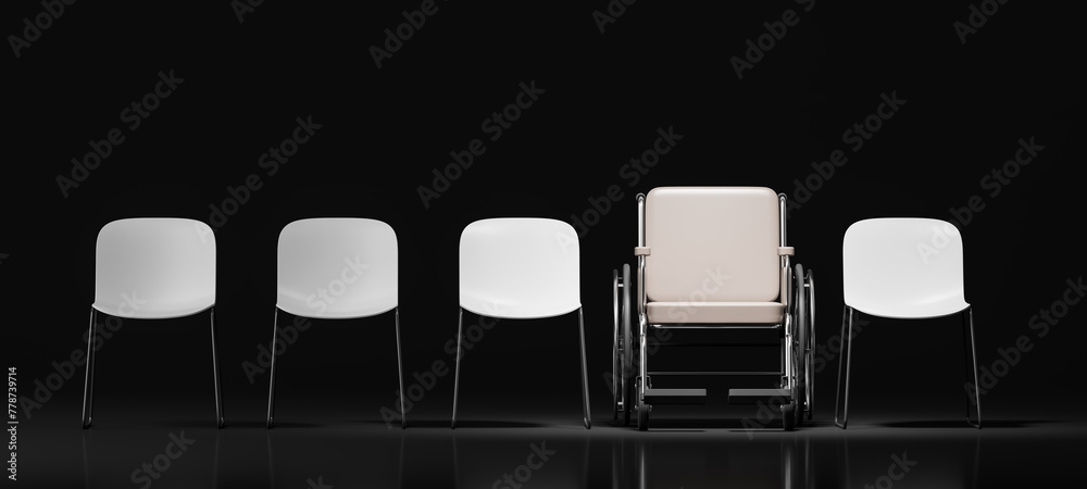 Fototapeta premium Wheelchair standing in row or chairs, accessibility concept