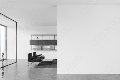 White office interior with chill zone, four armchairs and window. Mock up wall