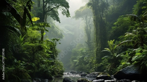 A rainforest with a misty and natural beauty