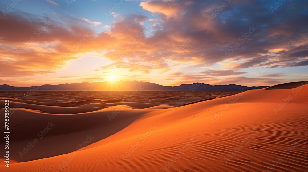 The warm glow of sunset over the desert sand dunes, showing the curves and textures of the sand