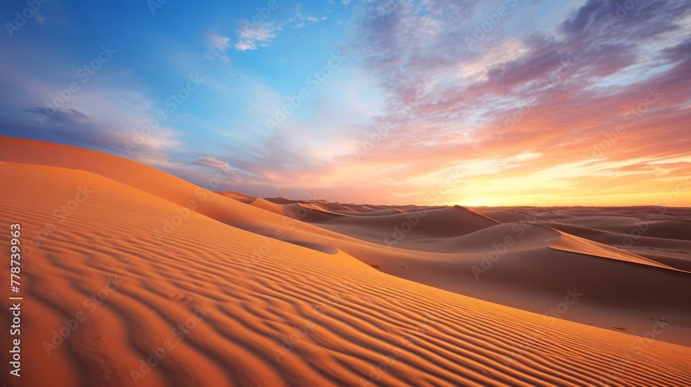 A close up photo of desert sand dunes, with a stunning sunset and a gradient of colors