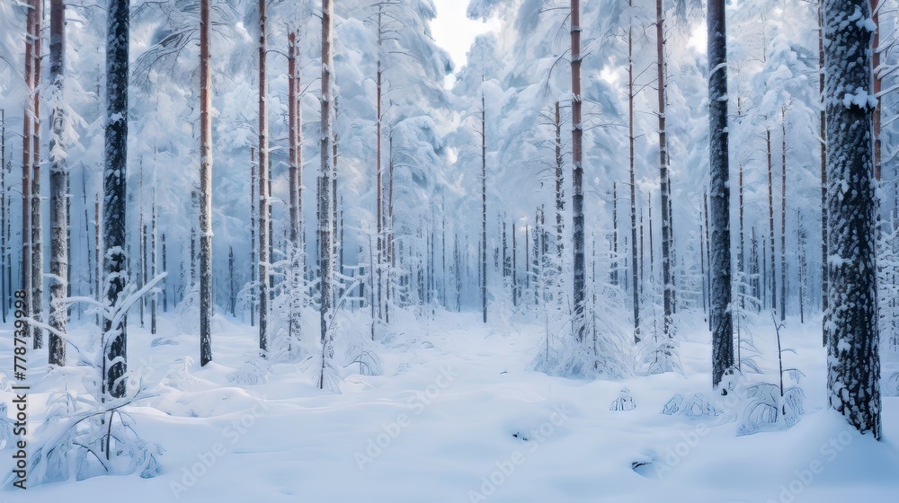 Naklejka premium A serene and beautiful view of a pristine snowy forest with tall trees and white snow