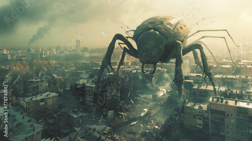 A giant insect towering over a crumbling cityscape, its massive legs crushing buildings photo