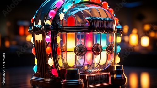 A 3D render of a classic jukebox with colorful lights and records photo