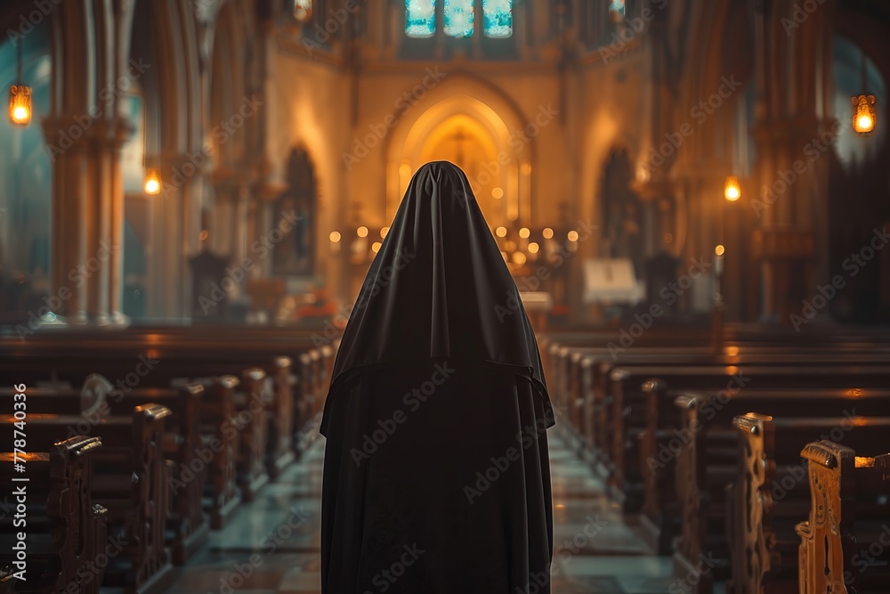 Back view of nun in the church - obrazy, fototapety, plakaty 