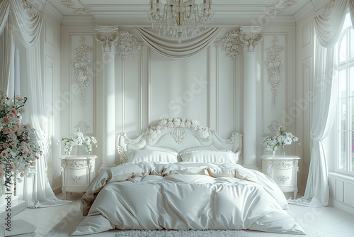 A white bedroom with a beautiful bed, an elegant and luxurious interior design in the style of rococo with lots of white wall panels and intricate details. Created with Ai