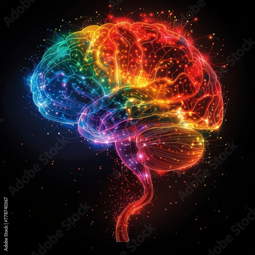 A colorful brain with a lot of dots surrounding it. The brain is surrounded by a lot of dots, which give it a sense of depth and complexity. The colors of the brain are vibrant and eye-catching