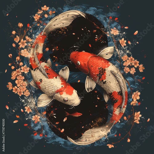 Two koi fish swimming in a pond with cherry blossoms in the background photo