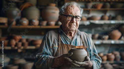 Wallpaper Mural An elderly potter with glasses and a smock stands against a pottery studio background Torontodigital.ca