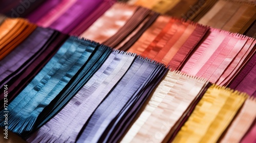 Fabric swatches in different colors  patterns  and textures are displayed in a closeup shot