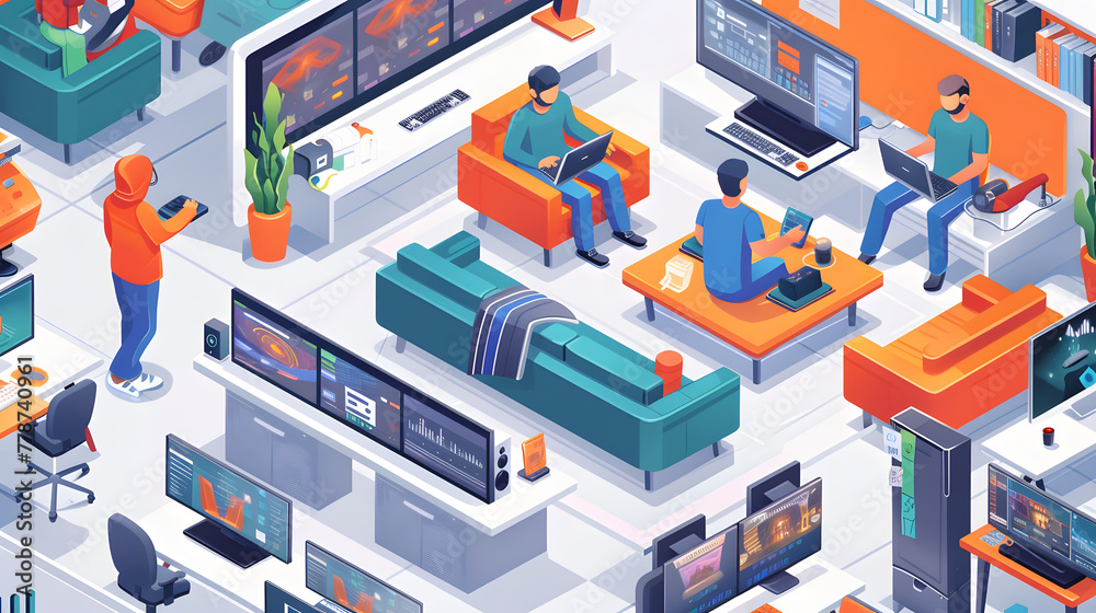 An isometric illustration of game developers testing games in a studio setting - obrazy, fototapety, plakaty 