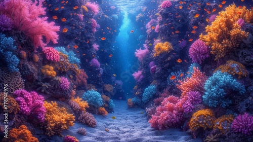 an underwater view of a coral reef with lots of colorful corals and corals growing out of the water. © Mikus