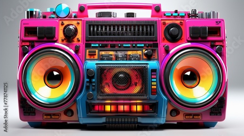 A classic 1980s boombox with vibrant neon colors