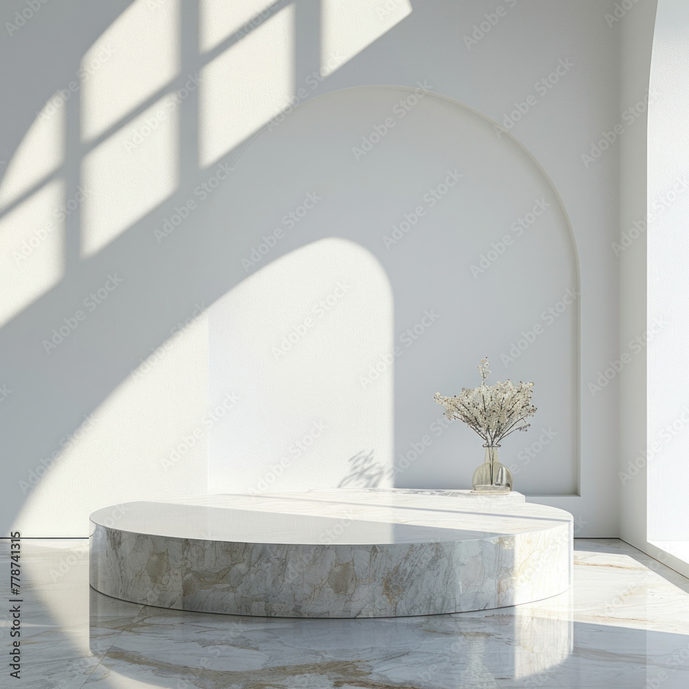 Minimalist Marble Platform in a Bright Gallery Space Minimalist Marble Platform in a Bright Gallery Space