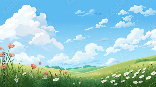 Floral summer or spring landscape, meadow with flowers, blue sky, white clouds, flowers and grass