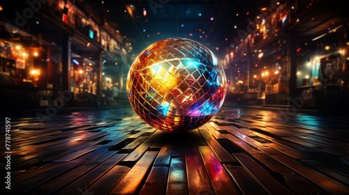 A nostalgic scene of a school disco with a disco ball and colorful lights