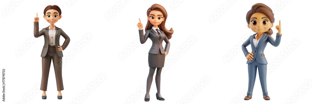 3d illustration of young businesswoman pointing on top with index finger isolated on transparent background, png 3d illustration of young businesswoman pointing on top with index finger isolated on transparent background, png