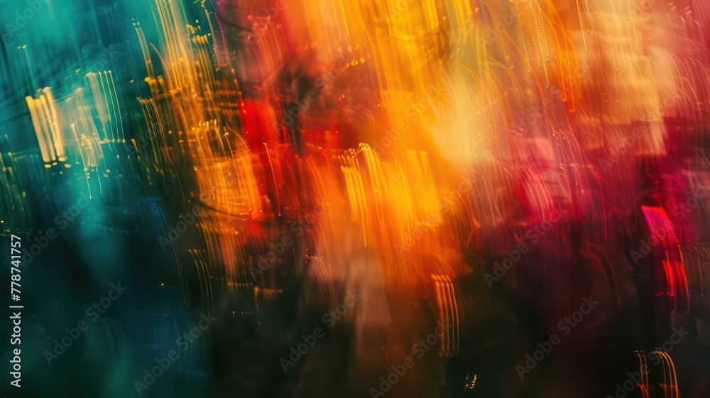 A colorful, blurry image of a cityscape with buildings and people