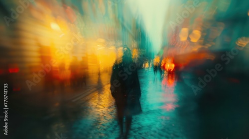 A blurry image of a person walking down a street with a blurry background