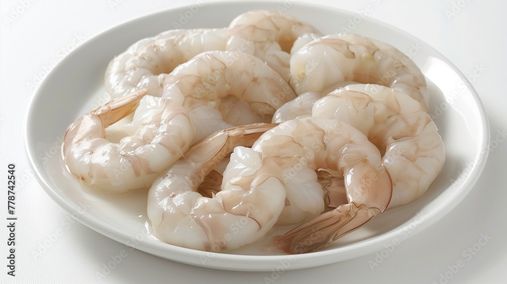 Raw peeled shrimp in circular pattern on white plate. Pink opaque textures highlighted. Design for delicate ravioli filling, seafood dish elegance.
Raw peeled shrimp in circular pattern on white plate. Pink opaque textures highlighted. Design for delicate ravioli filling, seafood dish elegance.