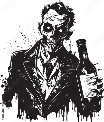 Rotgut Revival Zombie Holding Whiskey Bottle Vector Icon Zombie Bourbon Bliss Whiskey Bottle Vector Logo with Undead Twist