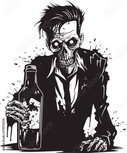 Zombie Bourbon Bliss Whiskey Bottle Vector Logo with Undead Twist Whiskey of the Dead Zombie Embracing Bottle Vector Design