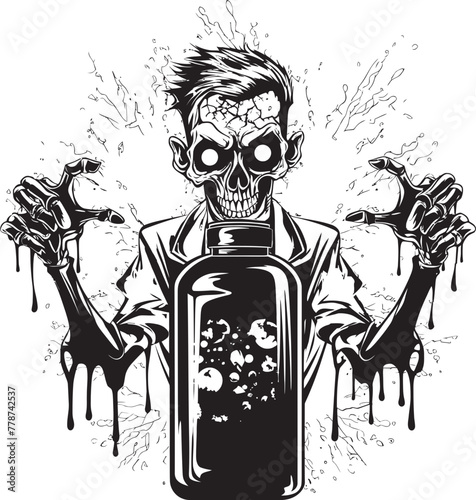 Undead Distillery Zombie Grasping Whiskey Bottle Vector Icon Macabre Mash Up Zombie with Whiskey Bottle Vector Emblem