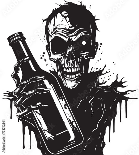 Macabre Mash Up Zombie with Whiskey Bottle Vector Emblem Rotgut Revival Zombie Holding Whiskey Bottle Vector Icon