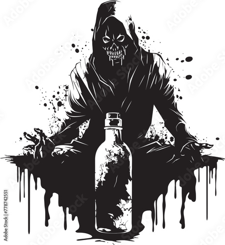 Eerie Elixirs Zombie Holding Whiskey Bottle Vector Illustration Bourbon Apocalypse Zombie and Whiskey Bottle Vector Logo Concept