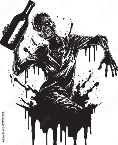 Zombie Bourbon Bliss Whiskey Bottle Vector Logo with Undead Twist Whiskey of the Dead Zombie Embracing Bottle Vector Design