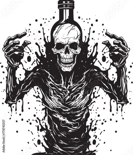 Zombie Spirits Whiskey Bottle Vector Logo with Undead Twist Macabre Mash Zombie Holding Whiskey Bottle Vector Emblem