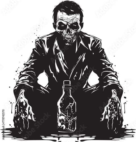 Whiskey of the Dead Zombie Embracing Bottle Vector Design Night of the Living Bourbon Zombie with Whiskey Bottle Vector Symbol