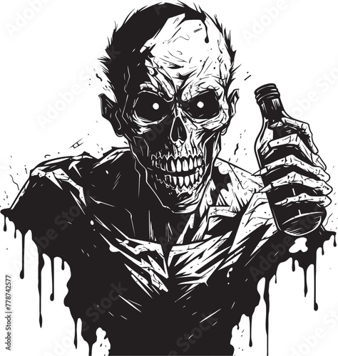 Graveyard Toast Zombie Raising Whiskey Bottle Vector Logo Eerie Elixirs Zombie Holding Whiskey Bottle Vector Illustration